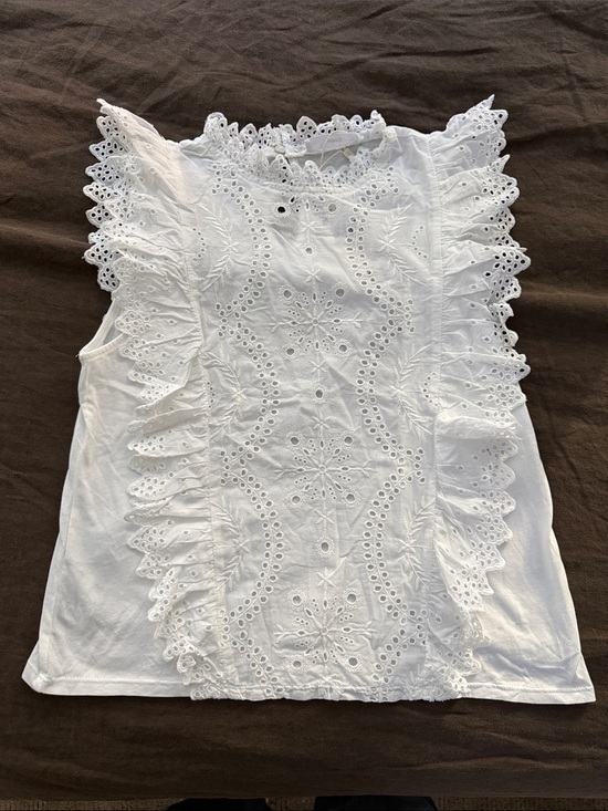 Mango Tops - Mango White Eyelet Ruffle Sleeveless Top with Knit Body